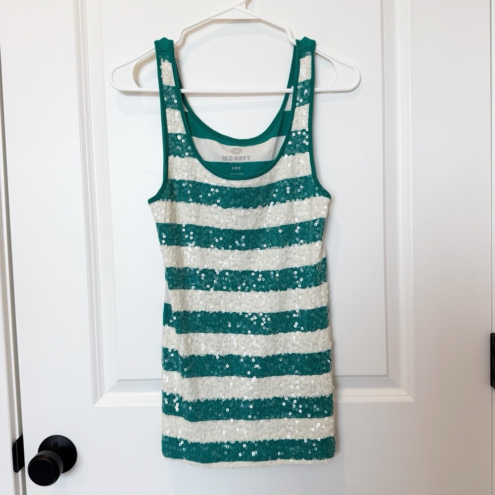 Old Navy Y2K Sequin Striped Tank Top Medium Green White Preppy Layer